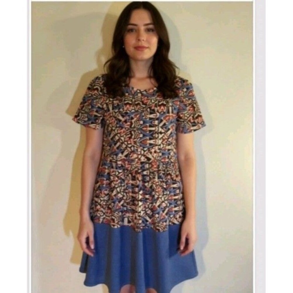 LulaRoe Dress Amelia Geo Tribal Blue Red Brown Pattern Amelia Pleated L Large